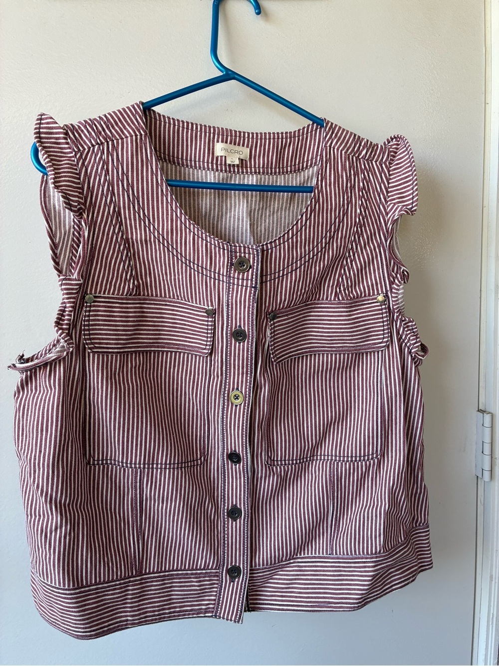Pilcro Red and White Striped Ruffle Sleeve Button-Front Top from Anthropologie